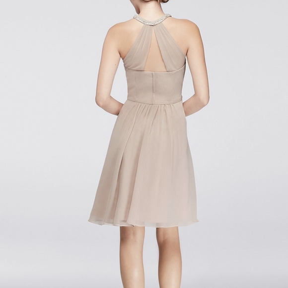 Short Chiffon Dress with Beaded Illusion Neckline - Picture 3 of 5